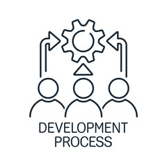 Collective technical collaboration. Joint development process. Vector linear icon isolated on white background.