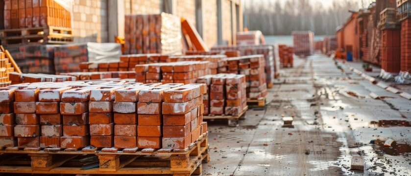 A construction site with palletised bricks surrounded by buildings and equipment, ideal for articles about construction, renovation and industry, as well as advertising building materials.