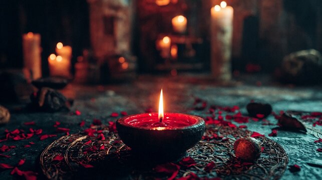 Una vela encendida sobre una mesa, rodeada de velas.