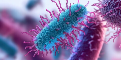 Close-up view of an exquisite blue and pink E. coli bacterium. Its elongated, cylindrical form features a rounded head adorned with tiny details, presenting both elegance and intrigue