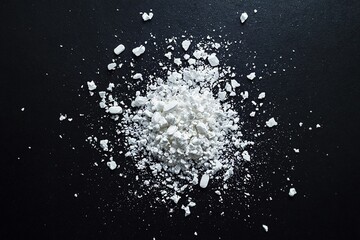 Polvo blanco esparcido sobre una superficie negra, con fragmentos dispersos alrededor.