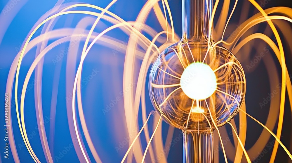 Poster dynamic energy flow laboratory setting scientific imagery illuminated environment close-up view elec