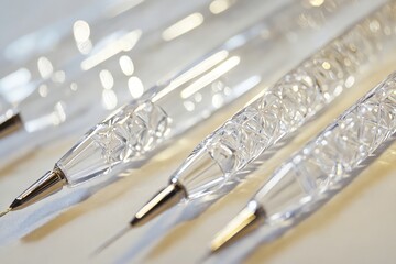 Cuatro jeringuillas subcutáneas transparentes con detalles en relieve y puntas metálicas, alineadas sobre una superficie clara.