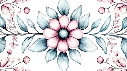 Elegant Watercolor Floral Design Pink Teal Flowers Branches and Leaves Seamless Pattern