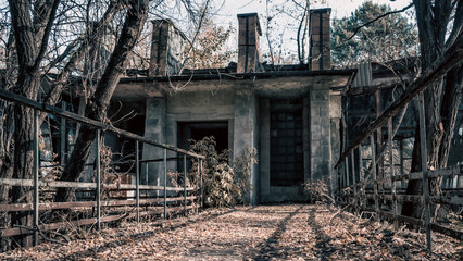 destroyed and burned houses in the city in Ukraine