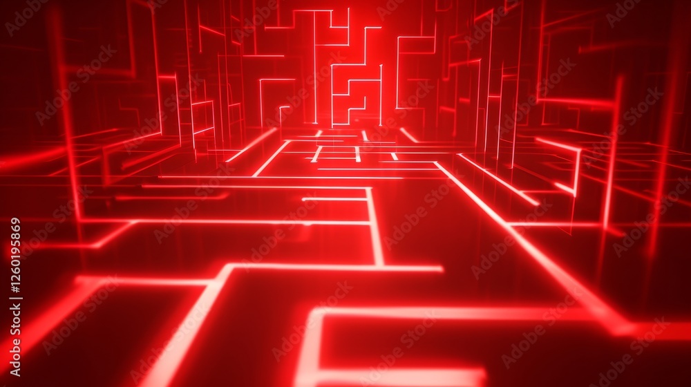 Poster abstract digital artwork of a glowing red maze with bright neon grid lines, creating a futuristic cy
