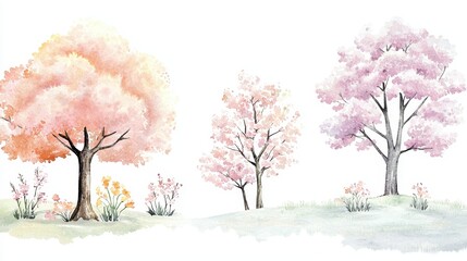 Fototapeta premium Watercolor Painting of Pastel Pink and Peach Blossom Trees in Spring Landscape