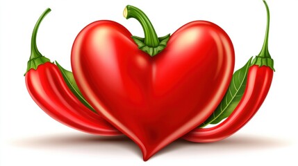 Red Heart Shaped Chili Pepper Surrounded by Fresh Green Chilies on White Background
