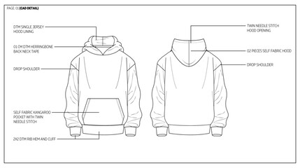 Men's Drop Shoulder Terry Fleece hoodie Fashion Design Technical Tech Pack. 