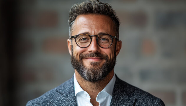 A smiling man with glasses and a beard, dressed professionally, exuding confidence and approachability against a textured background.
