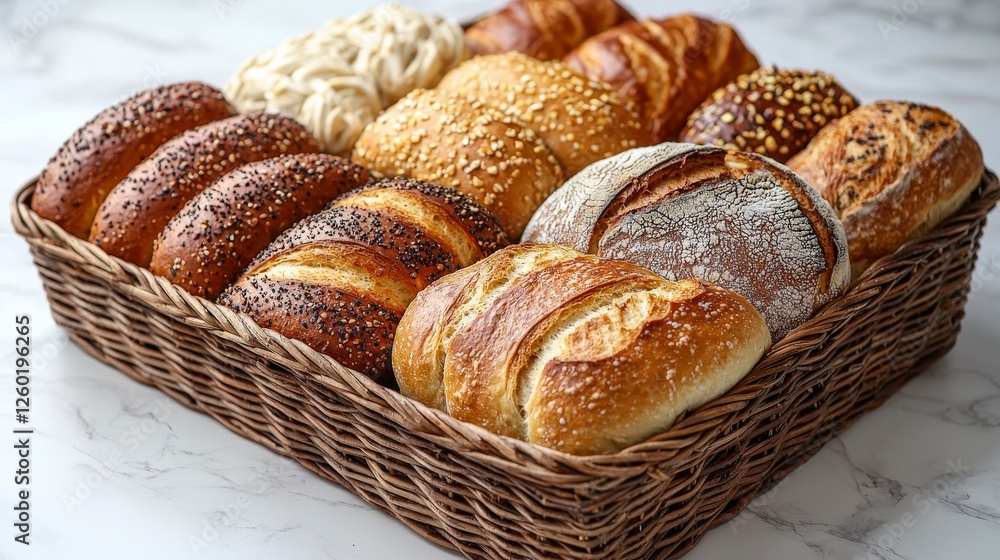 Poster a charming array of handcrafted breads beautifully arranged in a wicker basket, showcasing a delight