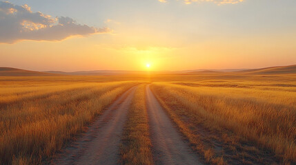 Dirt road through wheat field at sunset with golden wheat stretching to the horizon
