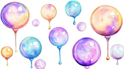 Watercolor Painting of Colorful Dripping Soap Bubbles Fantasy Illustration Dreamy Design