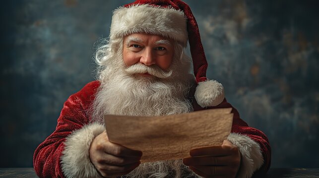 santa claus reading letter on grey background christmas and new year concept