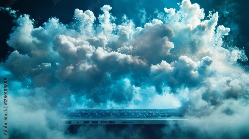 Poster luminous clouds surround a laptop creating a surreal digital atmosphere in a modern workspace