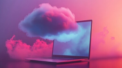 Cloud computing concept with a laptop displaying a vibrant, surreal cloud formation at sunset
