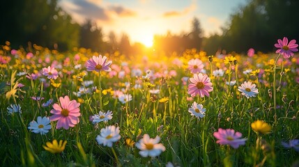Obraz premium Colorful wildflower meadow at sunset