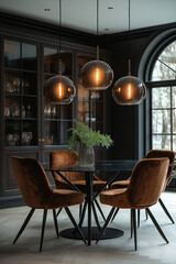 Fototapeta premium Photographie immobilière d'une salle à manger moderne avec table en verre et chaises en velours colorées. HDR, 3D, design, tendance, architecte