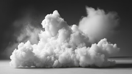 Fluffy white clouds forming an abstract shape in a minimalist black and white setting