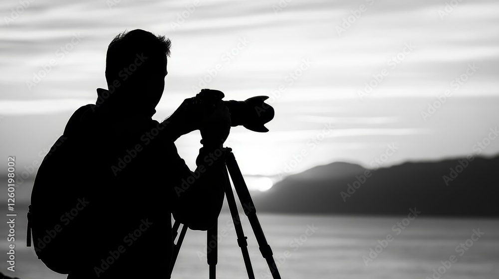 Poster silhouette of a photographer capturing a sunset over the ocean with mountains in the background
