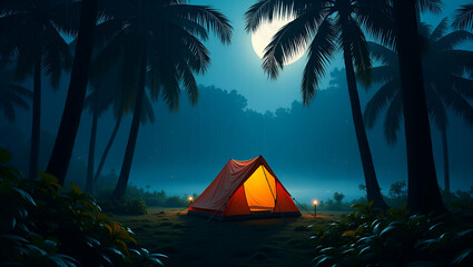 Title: A Serene Night Scene of a Lone Tent Amidst a Lush Tropical Landscape

