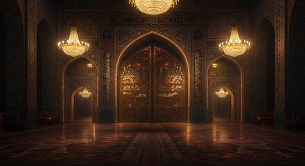Ornate Interior with Golden Archway, Chandeliers, and Persian Rugs