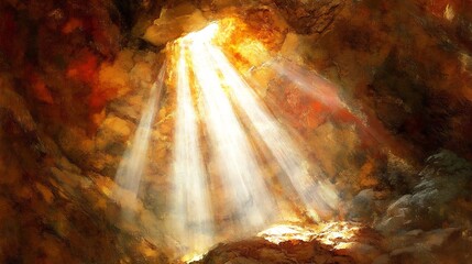 Fototapeta premium Golden light dramatically illuminates deep cave walls. AI Generated