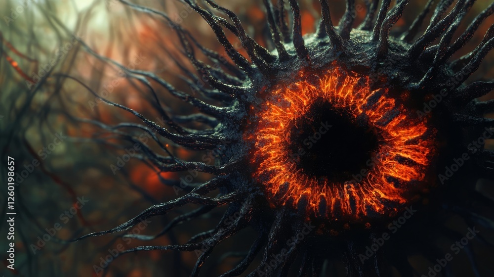 Poster detail of a microscopic organism with vibrant orange elements illustrating the complexity of microbi