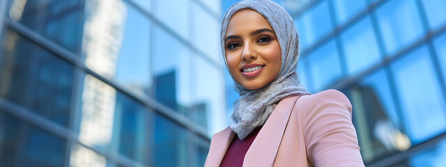 Fototapeta premium A woman wearing a hijab, a burgundy blazer, and a beige scarf is smiling at the camera 