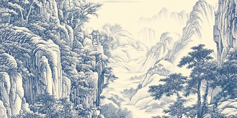 Obraz premium 复古仿宋千里江山图山脉装饰画 