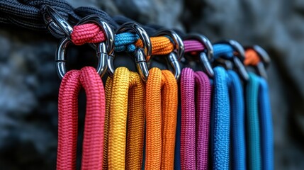 Colorful Ropes Hanging on a Metal Chain Against a Rocky Background