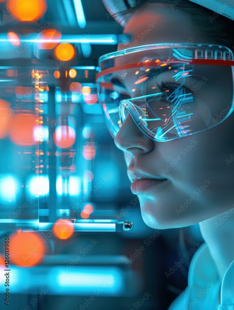 Poster innovative scientist analyzing data high-tech lab portrait futuristic environment close-up the futur