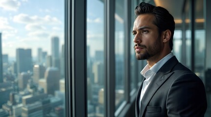 Confident Businessman Looking at City Skyline from Office