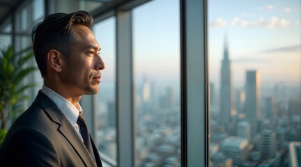Fototapeta premium Focused Businessman in Office with New York Skyline View