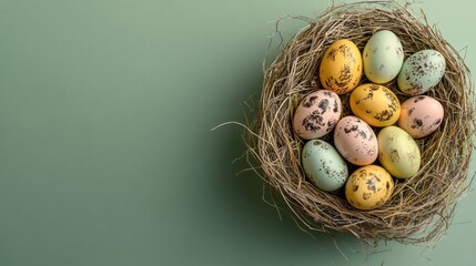 Obraz premium A colorful assortment of decorative Easter eggs in a nest on a soft green background.