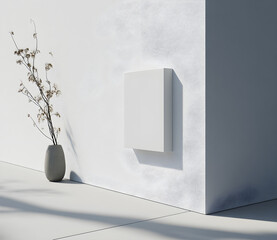 White photo frame mockup on a white wall, with a vase of dried flowers nearby. A simple composition, side view, with soft lighting and a low-angle, close-up shot. 