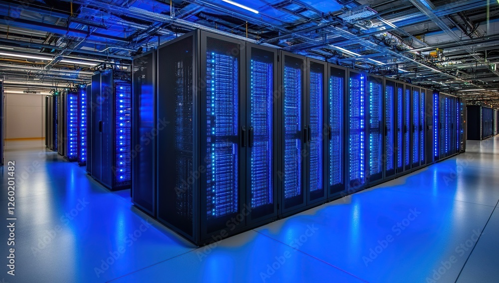 Poster exploring a modern data center: servers, network, and technology infrastructure illuminating the dig