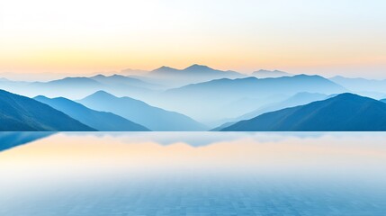 Serene Blue Mountains Reflecting in Calm Water at Dawn. AI Generated