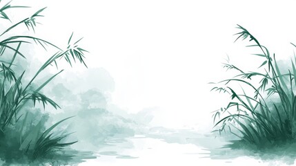 Pastel Teal Watercolor Background, Elegant Grass Silhouettes, Delicate Leaves, Airy Feel