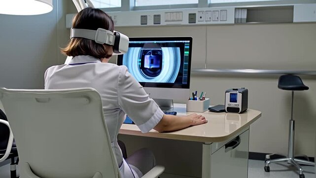 Medical professional wearing vr headset analyzing patient data on computer