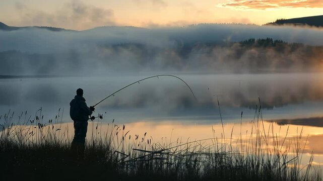 A lone angler quietly casts his fishing line into a serene lake during sunrise, surrounded by mist and reflecting mountains in the distance.