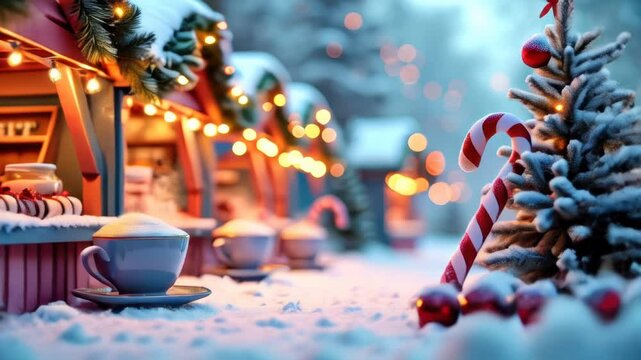 Christmas cozy winter cabins nestled in snowy woods with warm glowing lights, concept of holiday retreats and festive decor

