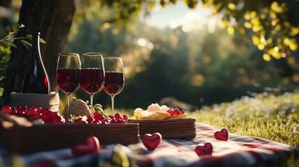 Valentine's Day 2025 couples' date. Outdoor setting with a romantic picnic. Highlighting love and togetherness. Ideal for Valentine's Day date ideas.