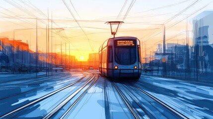 Urban Transit at Sunset: A Digital Painting of a Tram