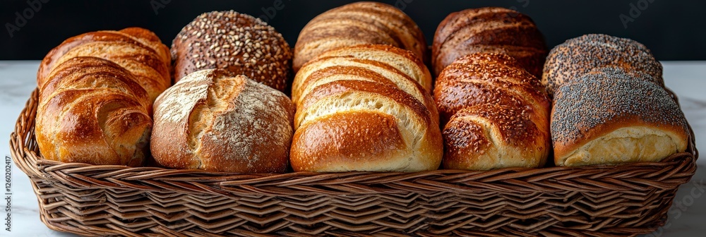 Poster an elegant display of various bread types in a woven basket, each uniquely crafted to showcase their