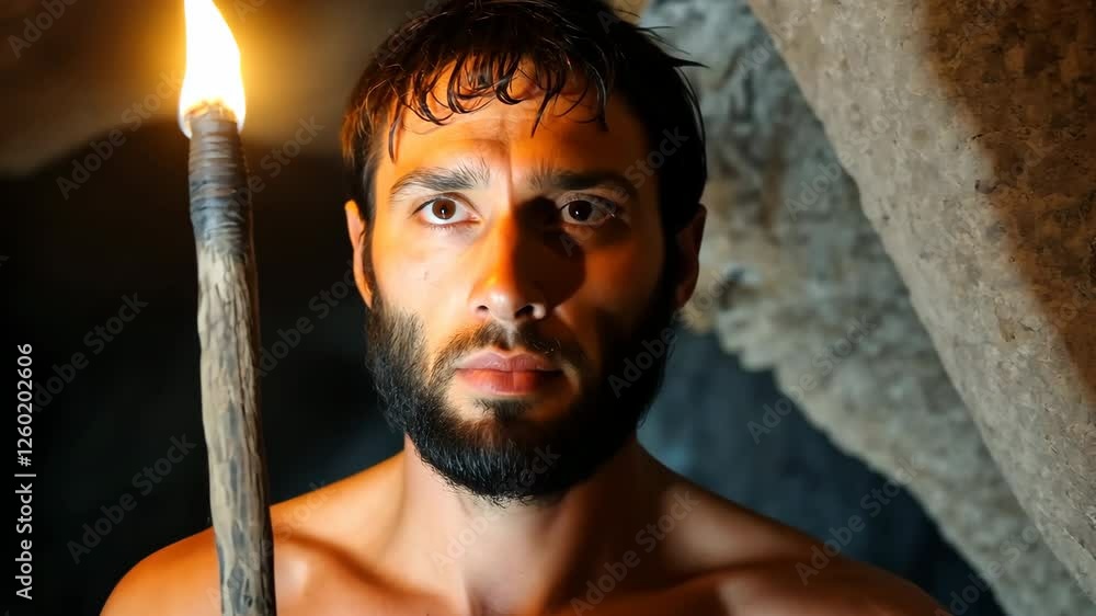 Poster a man is holding a torch in a cave. he is bare-chested and has a beard