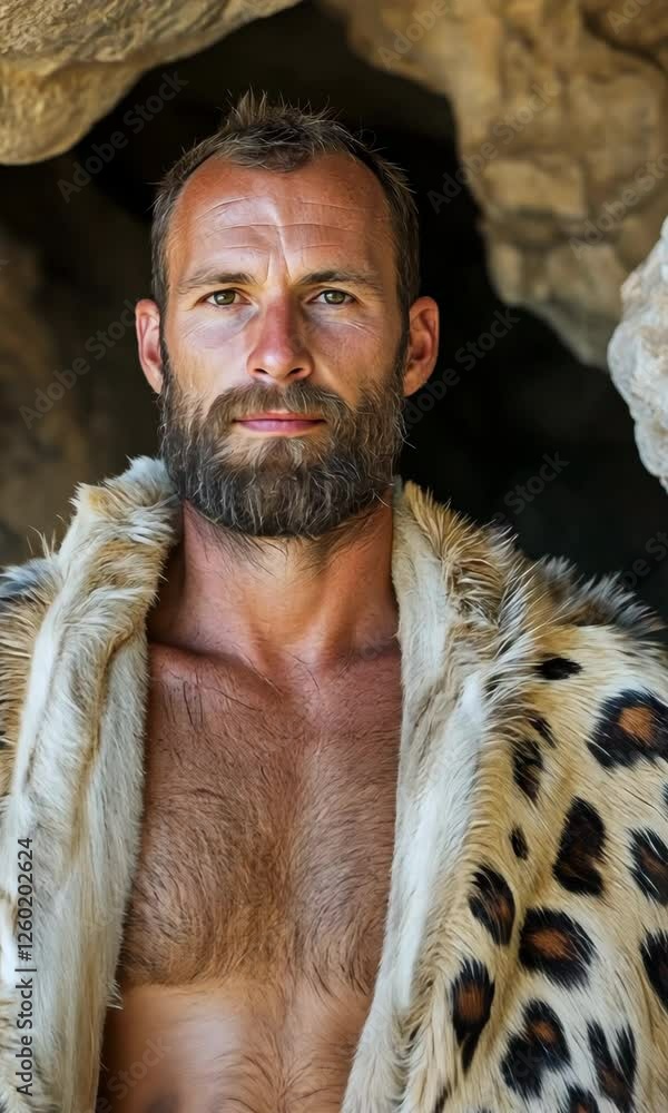 Poster a man with a beard and a leopard print vest stands in front of a rock wall. he is posing for a photo