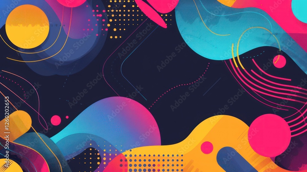 Poster colorful abstract design with shapes and curves on dark background