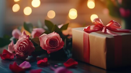 Valentine's Day 2025 gift exchange. Romantic scene with gifts and flowers. Emphasizing love and thoughtfulness. Perfect for Valentine's Day gift ideas.