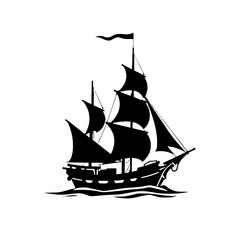 Pirate ship with sails on the ocean in black and white